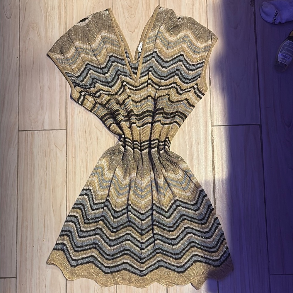 Missoni GOLD BROWN AND BLUE CHEVRON PRINT FIT TO FLARE DRESS